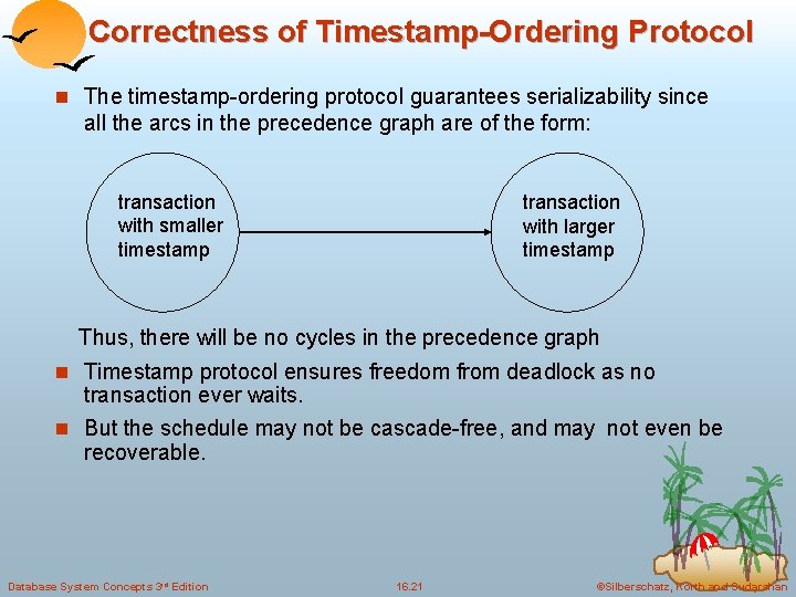 Correctness of Timestamp-Ordering Protocol n The timestamp-ordering protocol guarantees serializability since all the arcs