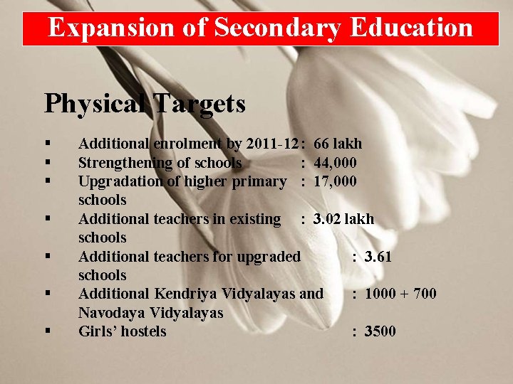 Expansion of Secondary Education Physical Targets § § § § Additional enrolment by 2011