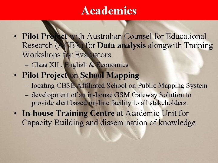 Academics • Pilot Project with Australian Counsel for Educational Research (ACER) for Data analysis