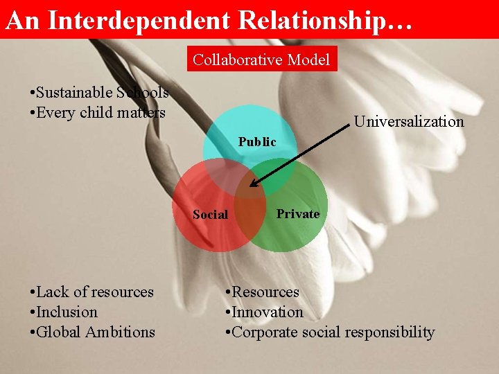 An Interdependent Relationship… Collaborative Model • Sustainable Schools • Every child matters Universalization Public