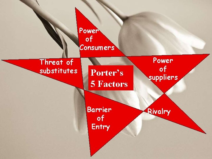 Power of Consumers Threat of substitutes Porter’s 5 Factors Barrier of Entry Power of
