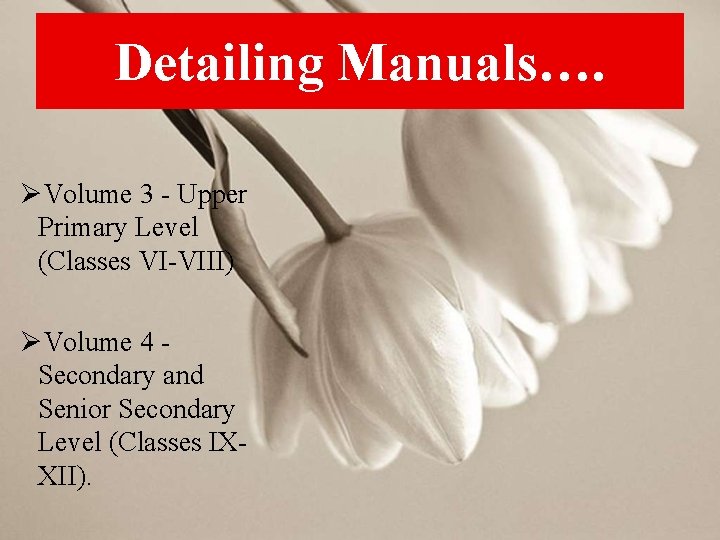 Detailing Manuals…. ØVolume 3 - Upper Primary Level (Classes VI-VIII) ØVolume 4 Secondary and