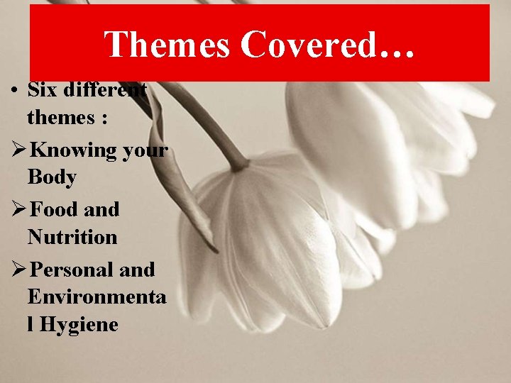 Themes Covered… • Six different themes : ØKnowing your Body ØFood and Nutrition ØPersonal