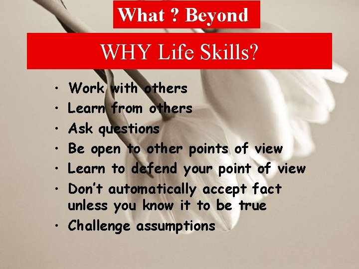 What ? Beyond WHY Life Skills? • Work with others • Learn from others