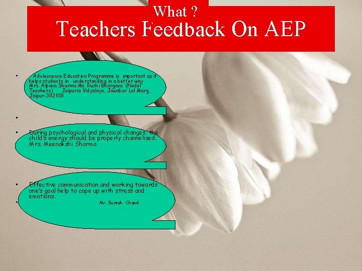 What ? Teachers Feedback On AEP • Adolescence Education Programme is important as it