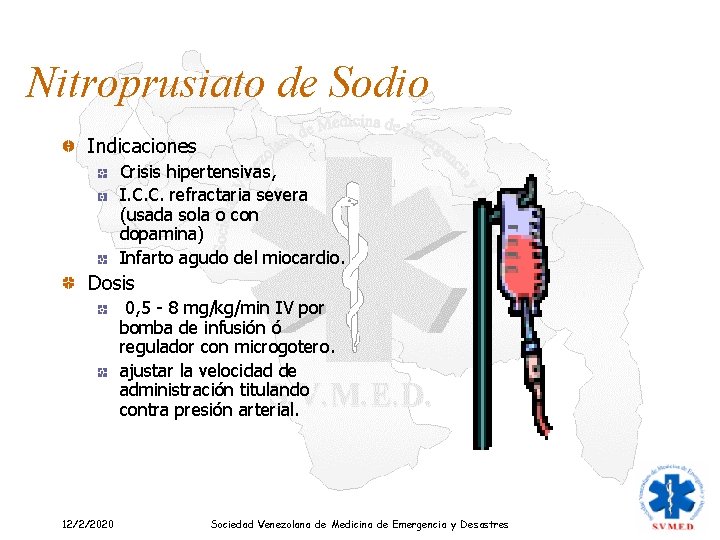 Nitroprusiato de Sodio Indicaciones Crisis hipertensivas, I. C. C. refractaria severa (usada sola o