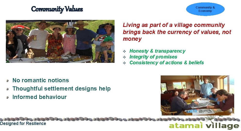Community Values Community & Economy Living as part of a village community brings back