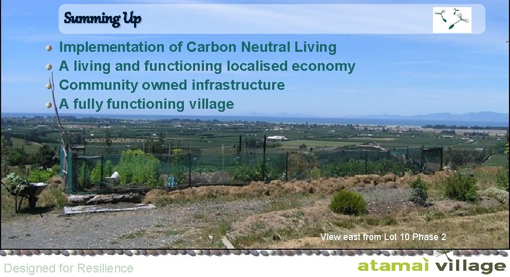 Summing Up Implementation of Carbon Neutral Living A living and functioning localised economy Community