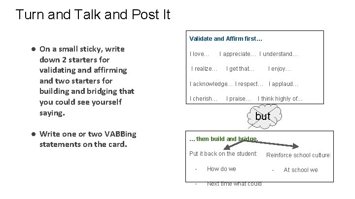 Turn and Talk and Post It Validate and Affirm first… ● On a small