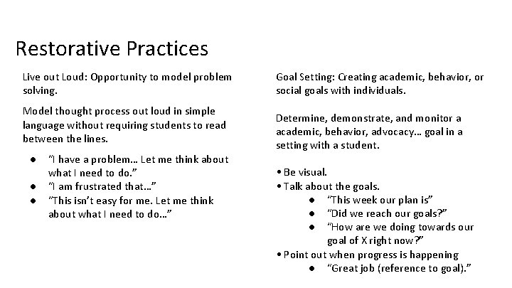 Restorative Practices Live out Loud: Opportunity to model problem solving. Model thought process out