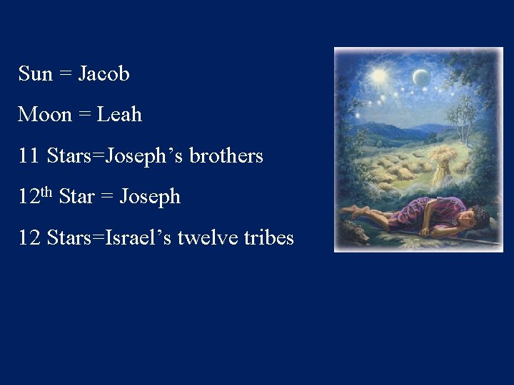 Sun = Jacob Moon = Leah 11 Stars=Joseph’s brothers 12 th Star = Joseph