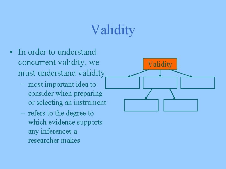 Validity • In order to understand concurrent validity, we must understand validity – most