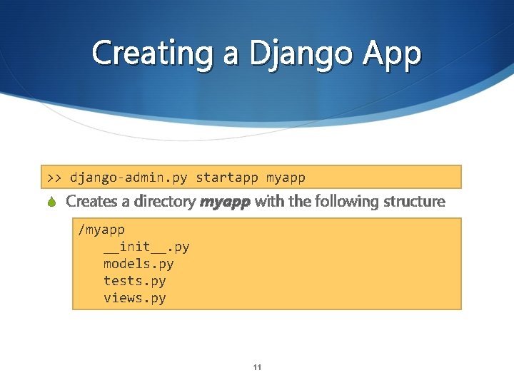 Creating a Django App >> django-admin. py startapp myapp S Creates a directory myapp