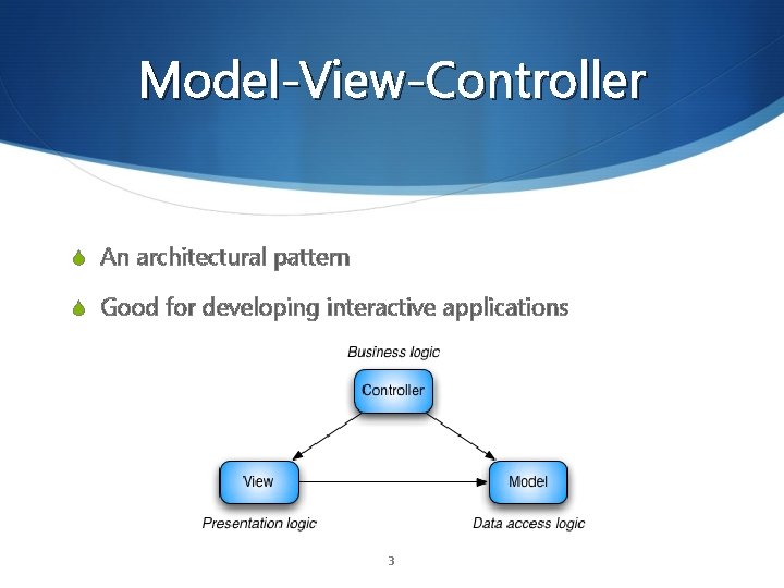 Model-View-Controller S An architectural pattern S Good for developing interactive applications 3 