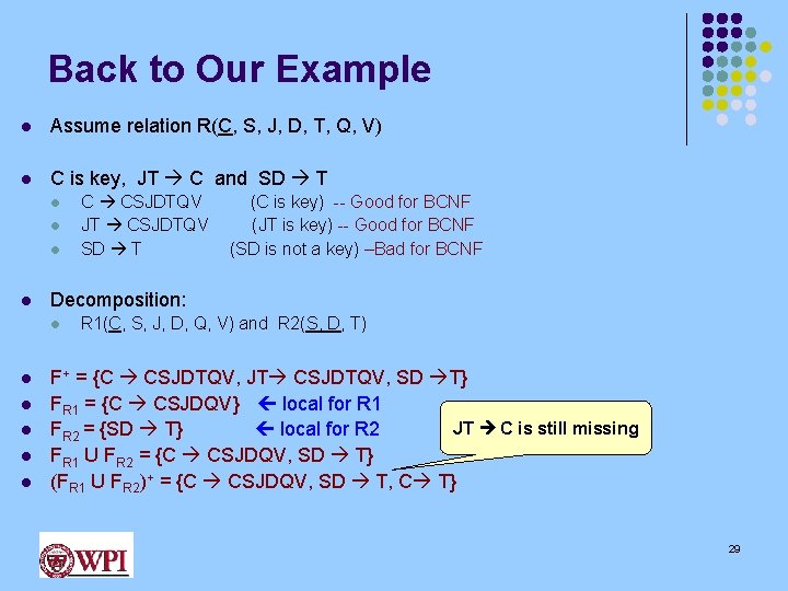 Back to Our Example l Assume relation R(C, S, J, D, T, Q, V)