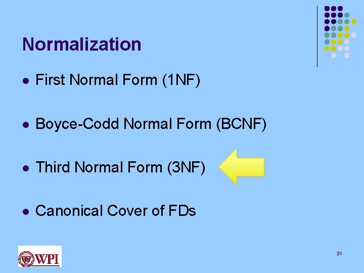 Normalization l First Normal Form (1 NF) l Boyce-Codd Normal Form (BCNF) l Third