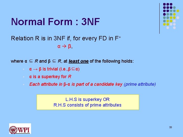 Normal Form : 3 NF Relation R is in 3 NF if, for every