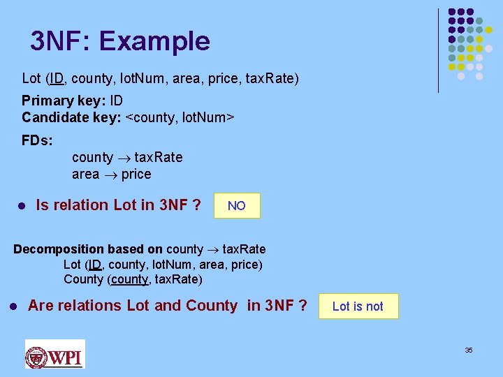 3 NF: Example Lot (ID, county, lot. Num, area, price, tax. Rate) Primary key: