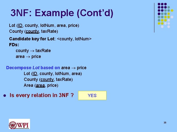 3 NF: Example (Cont’d) Lot (ID, county, lot. Num, area, price) County (county, tax.