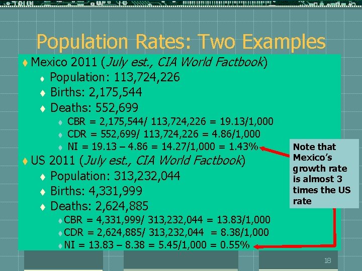 Population Rates: Two Examples 2011 (July est. , CIA World Factbook) t Population: 113,