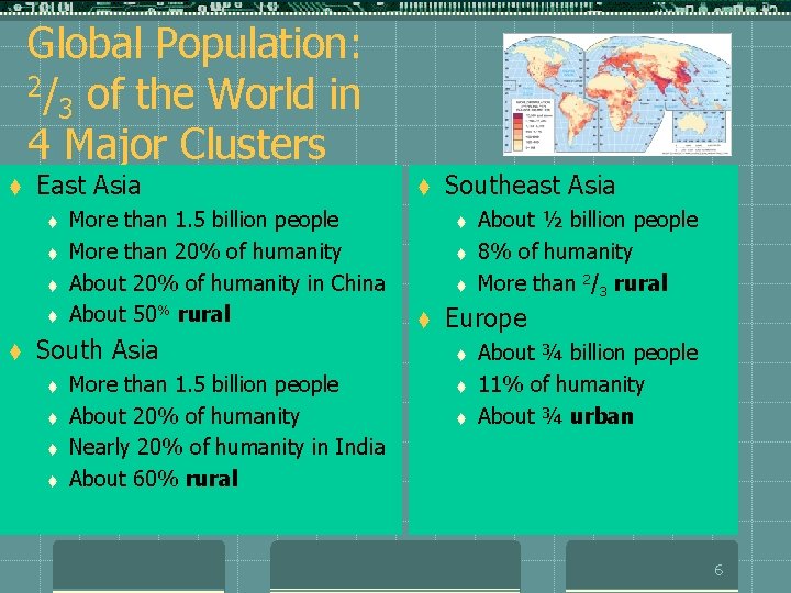 Global Population: 2/ of the World in 3 4 Major Clusters t East Asia