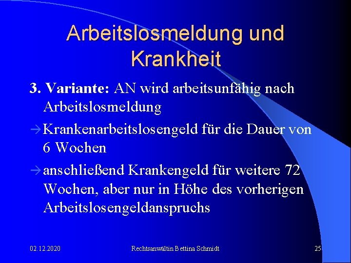 Arbeitslosmeldung und Krankheit 3. Variante: AN wird arbeitsunfähig nach Arbeitslosmeldung Krankenarbeitslosengeld für die Dauer