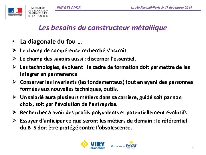 PNF BTS AMCR Lycée Raspail-Paris le 17 décembre 2018 Les besoins du constructeur métallique