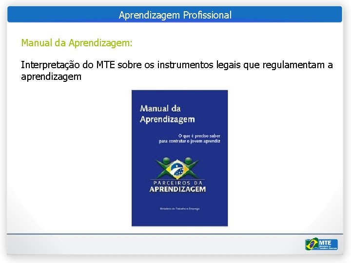 Aprendizagem Profissional Manual da Aprendizagem: Interpretação do MTE sobre os instrumentos legais que regulamentam