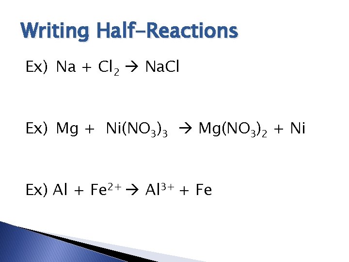 Writing Half-Reactions Ex) Na + Cl 2 Na. Cl Ex) Mg + Ni(NO 3)3
