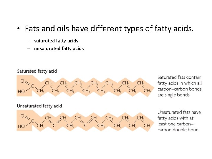  • Fats and oils have different types of fatty acids. – saturated fatty