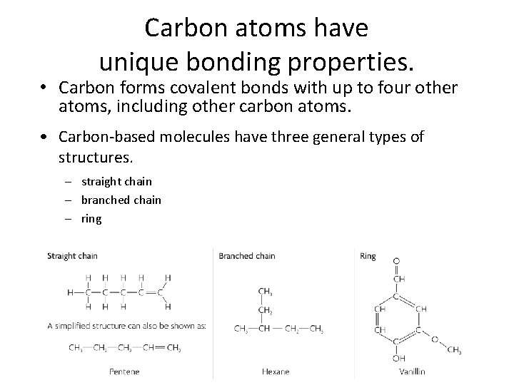 Carbon atoms have unique bonding properties. • Carbon forms covalent bonds with up to