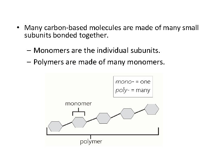  • Many carbon-based molecules are made of many small subunits bonded together. –