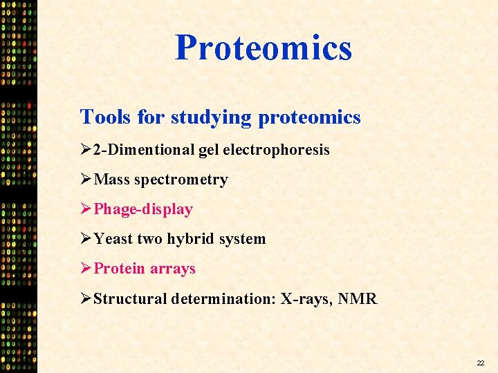 Proteomics Tools for studying proteomics Ø 2 -Dimentional gel electrophoresis ØMass spectrometry ØPhage-display ØYeast