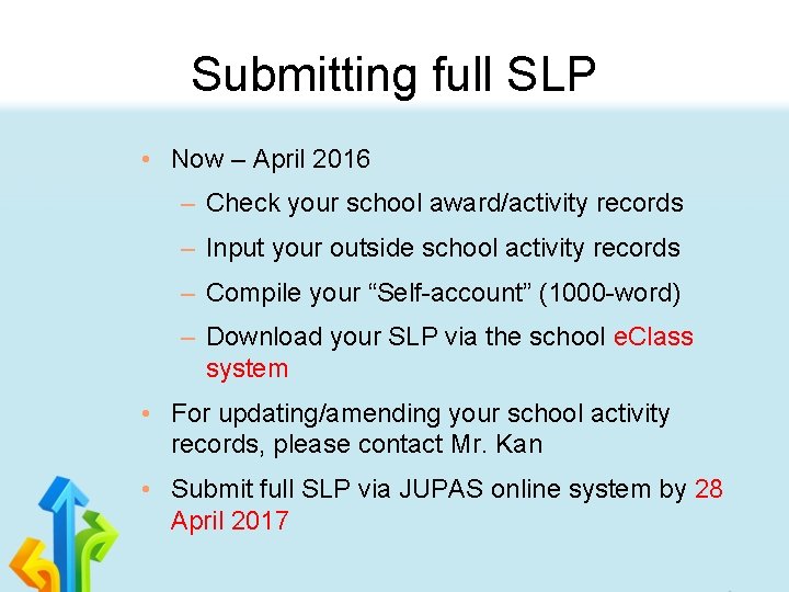 Submitting full SLP • Now – April 2016 – Check your school award/activity records