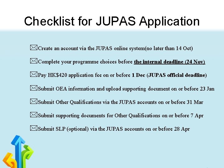 Checklist for JUPAS Application Create an account via the JUPAS online system(no later than