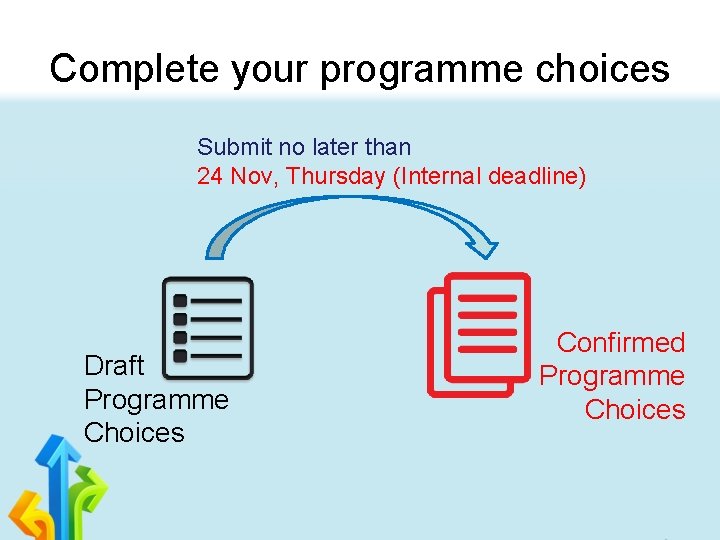 Complete your programme choices Submit no later than 24 Nov, Thursday (Internal deadline) Draft