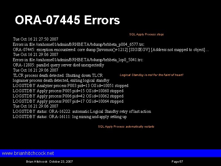 ORA-07445 Errors SQL Apply Process stops Tue Oct 16 21: 27: 50 2007 Errors