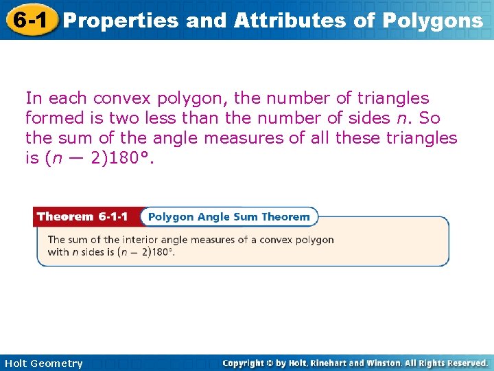 6 -1 Properties and Attributes of Polygons In each convex polygon, the number of