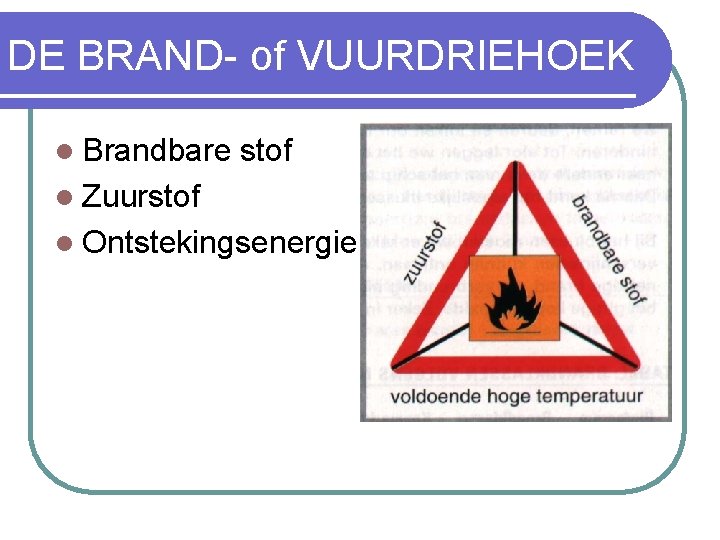 DE BRAND- of VUURDRIEHOEK l Brandbare stof l Zuurstof l Ontstekingsenergie 