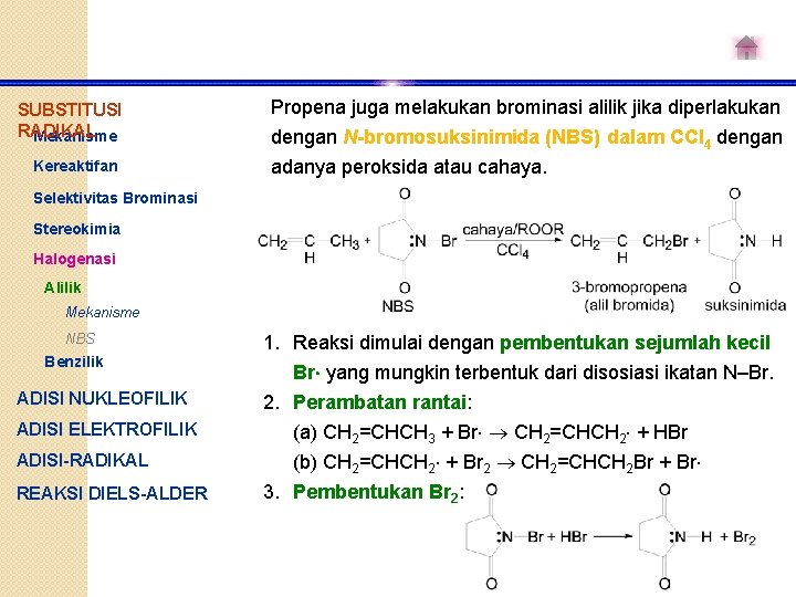 SUBSTITUSI RADIKAL Mekanisme Kereaktifan Propena juga melakukan brominasi alilik jika diperlakukan dengan N-bromosuksinimida (NBS)