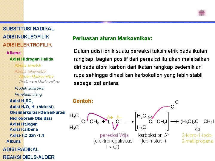 SUBSTITUSI RADIKAL ADISI NUKLEOFILIK Perluasan aturan Markovnikov: ADISI ELEKTROFILIK Alkena Adisi Hidrogen Halida Alkena
