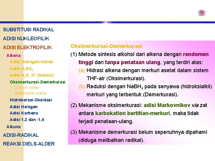 SUBSTITUSI RADIKAL ADISI NUKLEOFILIK ADISI ELEKTROFILIK Alkena Adisi Hidrogen Halida Adisi H 2 SO