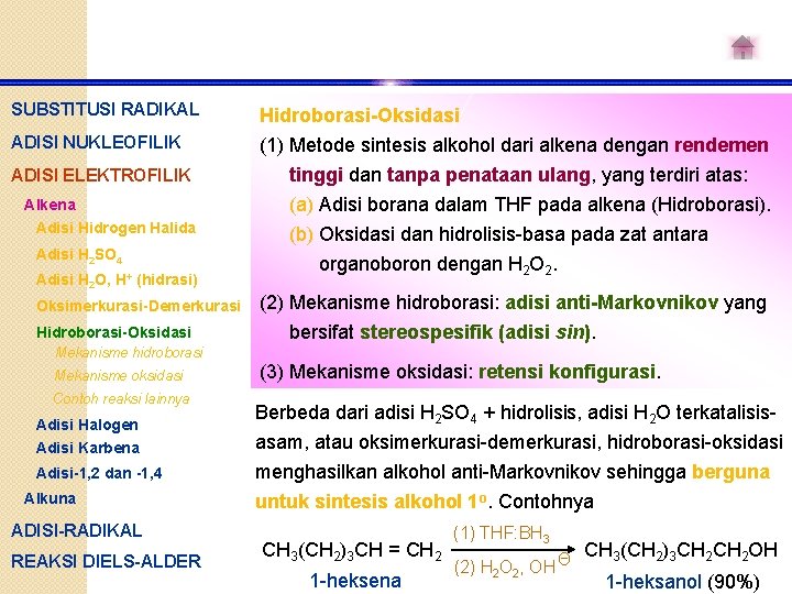 SUBSTITUSI RADIKAL Hidroborasi-Oksidasi ADISI NUKLEOFILIK (1) Metode sintesis alkohol dari alkena dengan rendemen tinggi