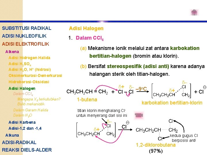 SUBSTITUSI RADIKAL Adisi Halogen ADISI NUKLEOFILIK 1. Dalam CCl 4 ADISI ELEKTROFILIK Alkena Adisi