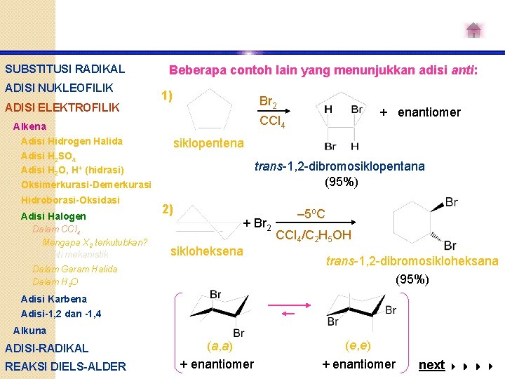 SUBSTITUSI RADIKAL ADISI NUKLEOFILIK ADISI ELEKTROFILIK Beberapa contoh lain yang menunjukkan adisi anti: 1)