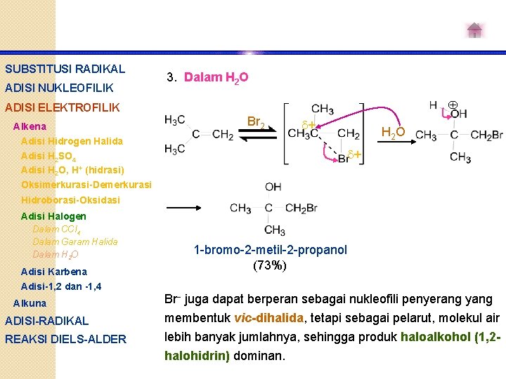 SUBSTITUSI RADIKAL ADISI NUKLEOFILIK 3. Dalam H 2 O ADISI ELEKTROFILIK Alkena Br 2