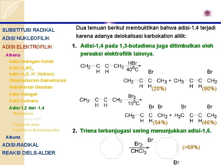 SUBSTITUSI RADIKAL Dua temuan berikut membuktikan bahwa adisi-1, 4 terjadi ADISI NUKLEOFILIK karena adanya