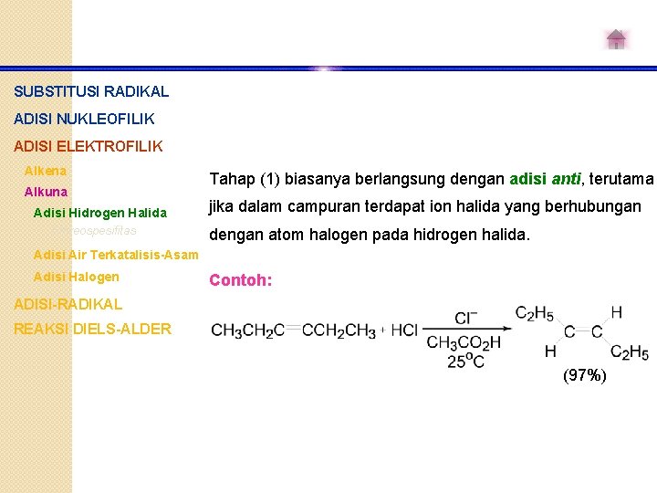 SUBSTITUSI RADIKAL ADISI NUKLEOFILIK ADISI ELEKTROFILIK Alkena Alkuna Adisi Hidrogen Halida Stereospesifitas Tahap (1)