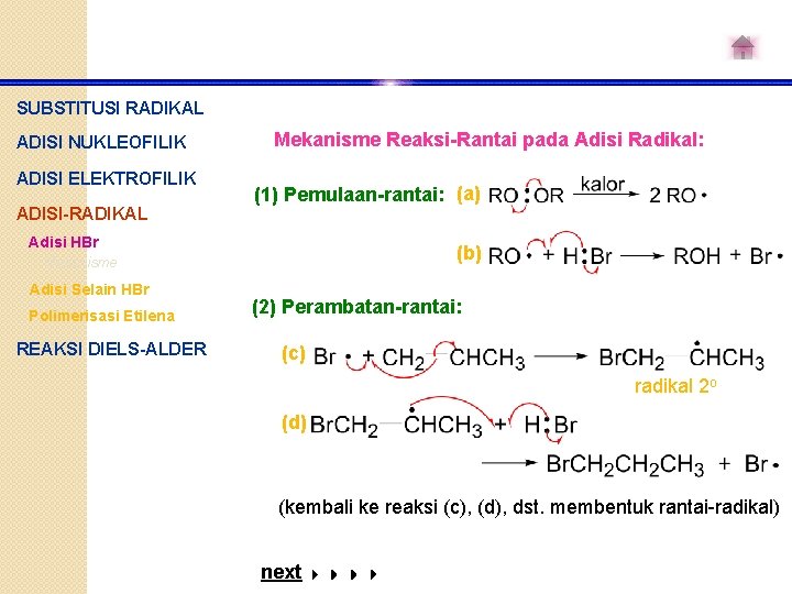SUBSTITUSI RADIKAL ADISI NUKLEOFILIK ADISI ELEKTROFILIK ADISI-RADIKAL Mekanisme Reaksi-Rantai pada Adisi Radikal: (1) Pemulaan-rantai: