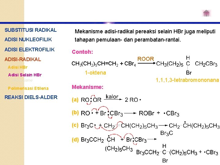 SUBSTITUSI RADIKAL Mekanisme adisi-radikal pereaksi selain HBr juga meliputi ADISI NUKLEOFILIK tahapan pemulaan- dan